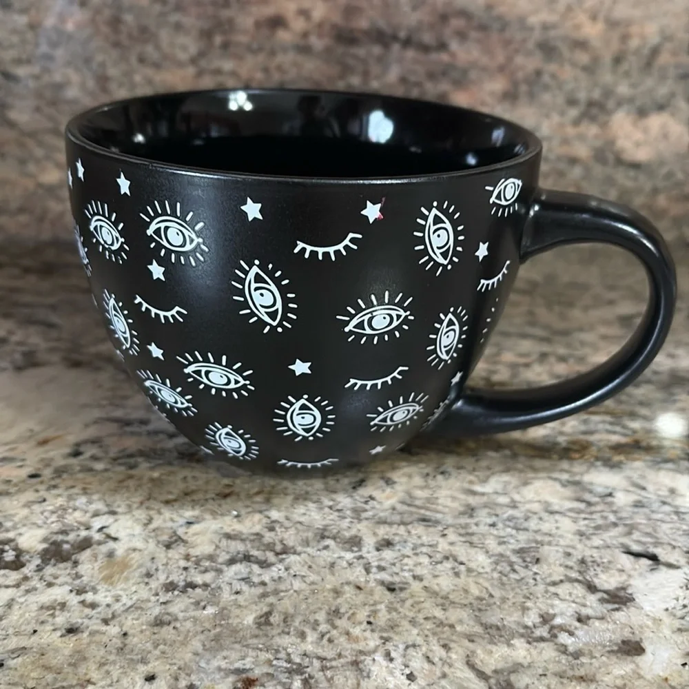 Evil eye stars black white coffee tea mug 18 oz MADE IN USA